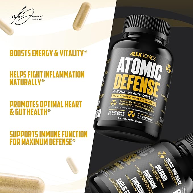 Atomic Defense – Natural Health Defense Formula - Organic Seamoss Capsules w/Cumin Extract Turmeric &amp Honey Powder – Plant-Based Herbal Supplements for Immune Support – 60 Count