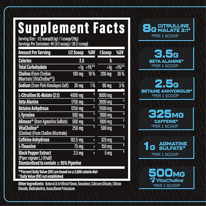 TC Nutrition Batch 27 Pre Workout Powder - 8g Citrulline 3.5g Beta Alanine 2.5g Betaine 325mg Caffeine | Instant Energy Focus Pumps &amp Strength | Nitric Oxide Booster 20 sv (Blue Slushie)