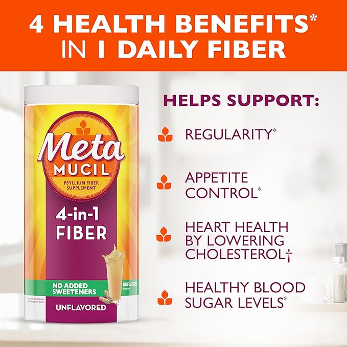 Metamucil Psyllium Husk Powder Unflavored with No Added Sweeteners 114 Servings 4-in-1 Fiber Supplement Daily Psyllium Husk Fiber Powder Help Support Digestive Health by Promoting Regularity*