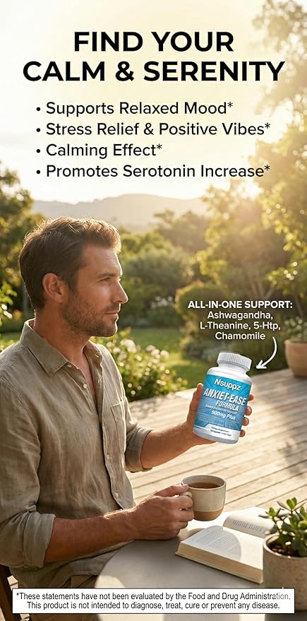 Natural Mood &amp Serotonin Support - Nutrisuppz Anxiet-Ease Formula with Ashwagandha L-Theanine GABA 5-HTP Magnesium - 60 Capsules
