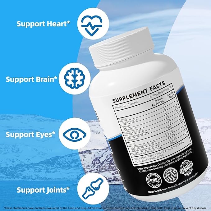 Fish Oil Omega 3 （4000mg） 120 SoftgelsOmega 3 Fatty Acid Supplements with EPA &amp DHA for Brain &amp Heart Health*