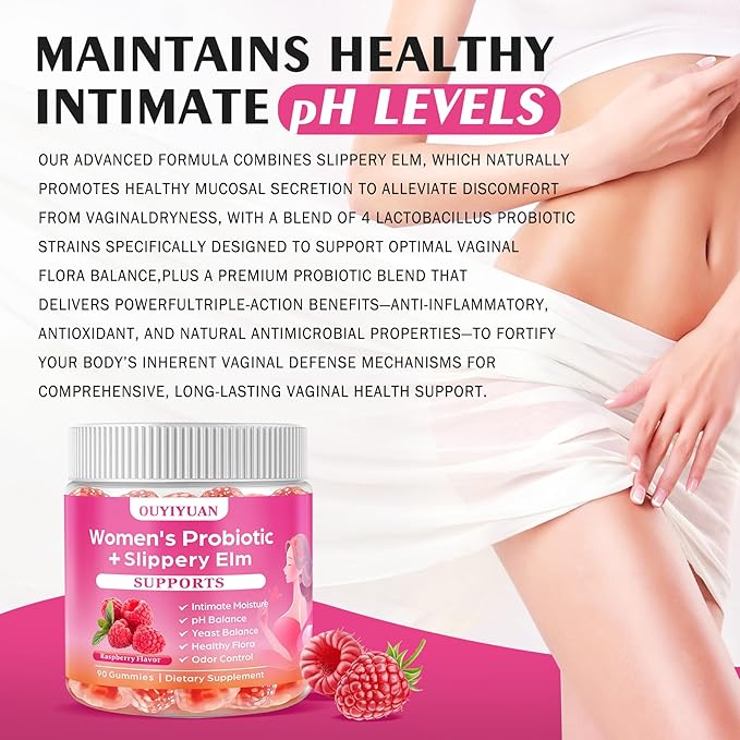 Women's Probiotic Gummies pH Balance &amp Gut Flora Natural Raspberry Flavor Vegan &amp Non-GMO 90 Gummies