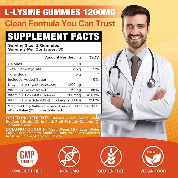 L-Lysine Gummies 1000 mg for Immune Support Delicious Orange Flavor Vegan Non-GMO Gluten-Free – 120 Count