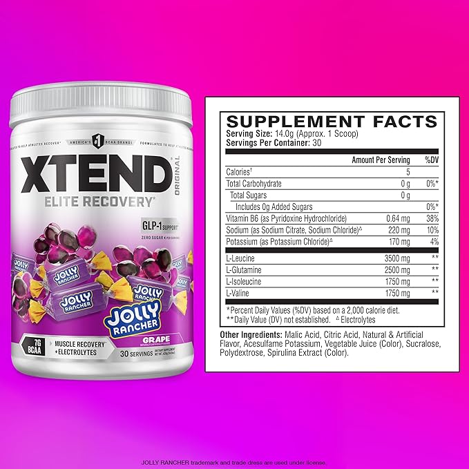 Xtend Original BCAA Powder 7g BCAAs and 2.5g L-Glutamine for Muscle Recovery Hydration and Lean Muscle Sugar Free Intra and Post Workout Drink with Electrolytes Grape Jolly Rancher 30 Servings