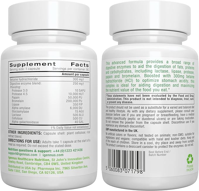Igennus Fast Action Digestive Enzymes &amp Betaine HCl 10 Broad Spectrum Enzymes with Protease Lipase &amp Lactase Papain &amp Bromelain Plant-Based Vegan Clean Label for Women and Men 90 Ca