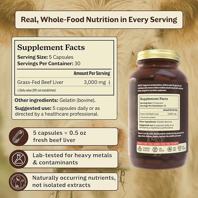 MK Supplements Grass Fed Beef Liver Supplement Supports Energy Production Detoxification Digestion Immunity and Full Body Wellness Non-GMO Freeze Dried 30 Servings (3000 mg Each)