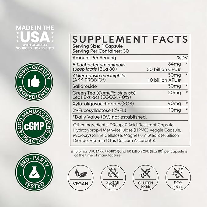 60Billion Akkermansia Muciniphila with Bifidobacterium Supports GLP-1 Production Naturally Delayed Release Advanced Gut Health Appetite &amp Craving Control Made in USA 30 Servings