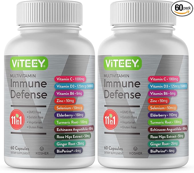 VITEEY 11 in 1 Immune Support Supplement - Immune Defense with Vitamin D3 B6 Echinacea Turmeric Rose-HIPS Selenium BioPerine Ginger Elderberry Vitamin C and Zinc - 120 Count