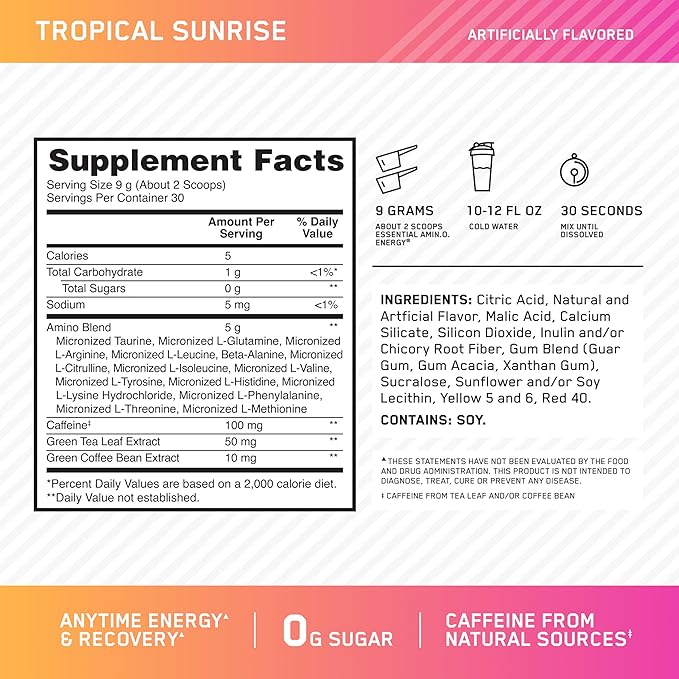 Optimum Nutrition Amino Energy - Pre Workout with Green Tea BCAA Amino Acids Keto Friendly Green Coffee Extract Energy Powder - Tropical Sunrise 9.5 Ounce 30 Servings (Packaging May Vary)