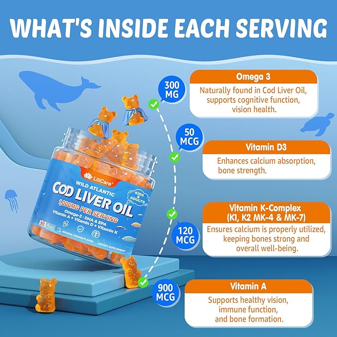 Cod Liver Oil Gummies 1000mg for Kids &amp Adults - w/Omega 3 (EPA &amp DHA) Vitamins A D3 &amp K2 - Cod Liver Oil Omega 3 Gummies for Immune Brain &amp Cognitive Support Sugar-Free Orange Fl