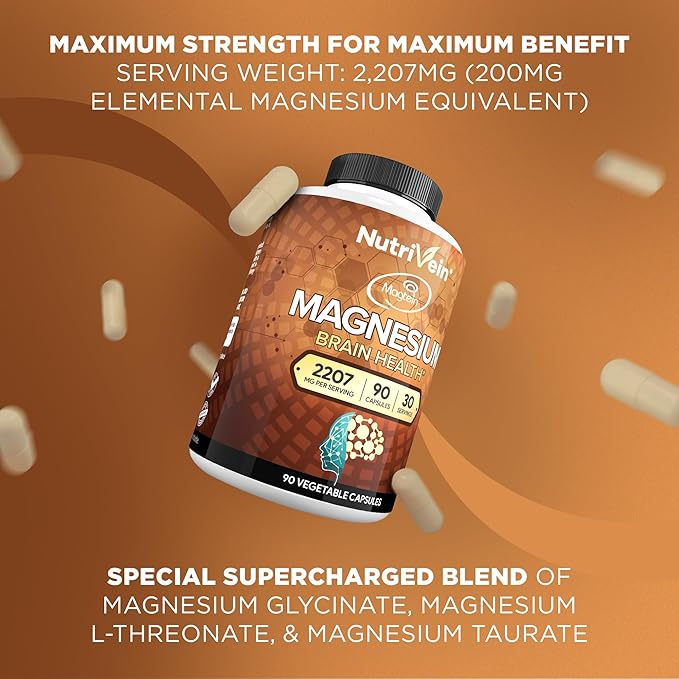 Nutrivein Premium Magtein Magnesium L-Threonate Supplement 2207 mg - 90 Caps (3 a Day): High-Absorption Magnesium Threonate for Brain Sleep Mood &amp Recovery