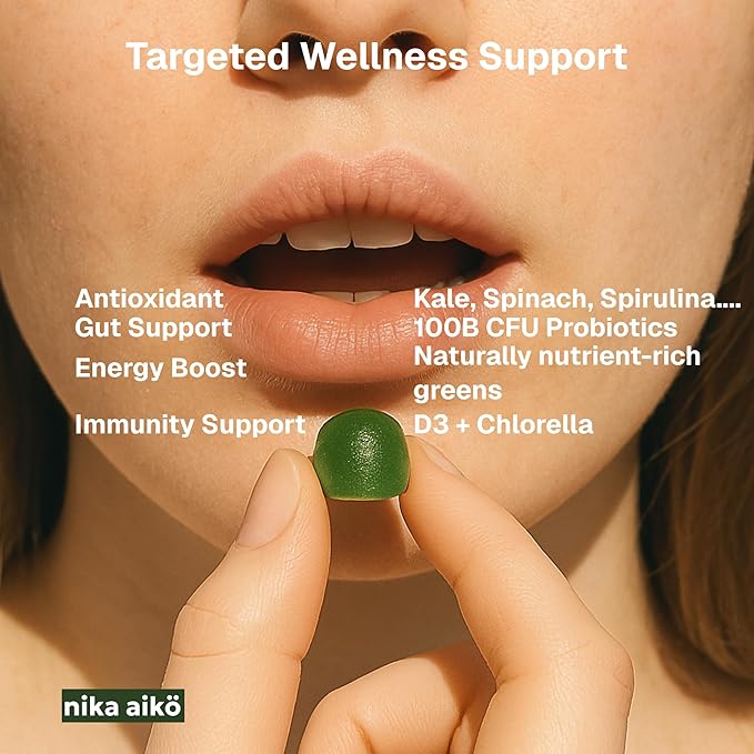 Greens Superfood Gummies Boost Energy Gut &amp Immune Support Sugar-Free Vegan with Broccoli Spinach Kale Spirulina Chlorella Probiotics &amp Multivitamin Apple Flavor 60 Count