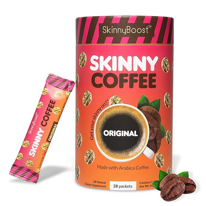 Skinny Boost Instant Skinny Coffee Sticks (Unflavored) - Made with Arabica Coffee Beans Garcinia Cambogia Green Tea Extract B Vitamins Fiber and Prebiotics –Sugar Free-Keto Friendly (28 Packets)