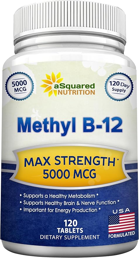 aSquared Nutrition Vitamin B12-5000 MCG Supplement with Methylcobalamin (Methyl B-12) - Max Strength Vitamin B 12 Support to Help Boost Natural Energy Benefit Brain &amp Heart Function - 120 Tablets