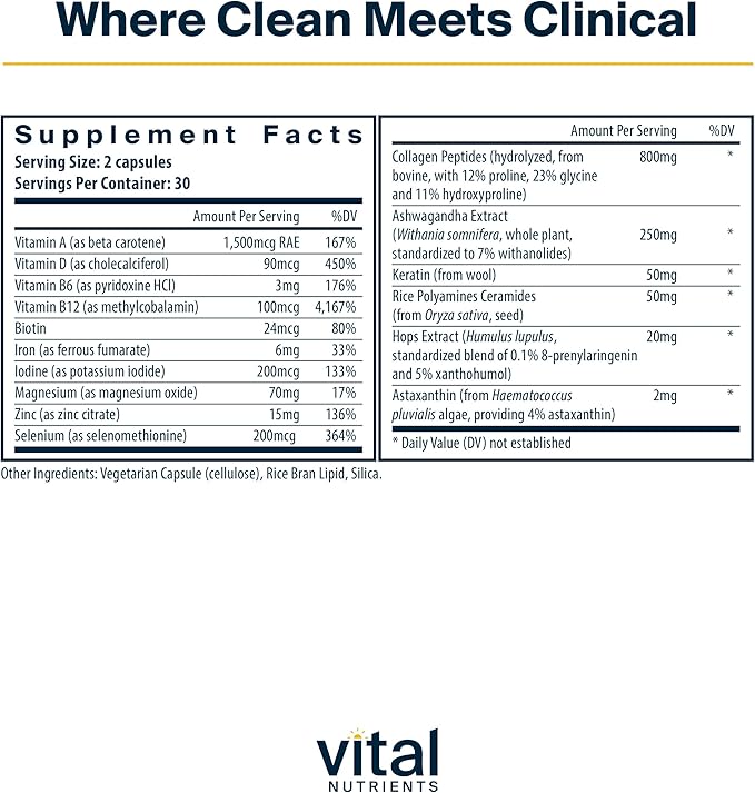 Vital Nutrients Hair Growth Vitamins Complex for Women - Hair Growth Supplement Supports Fuller Thicker Stronger with Keratin Ashwagandha Hops and Biotin - Vegan Dairy Gluten Free - 60 Count