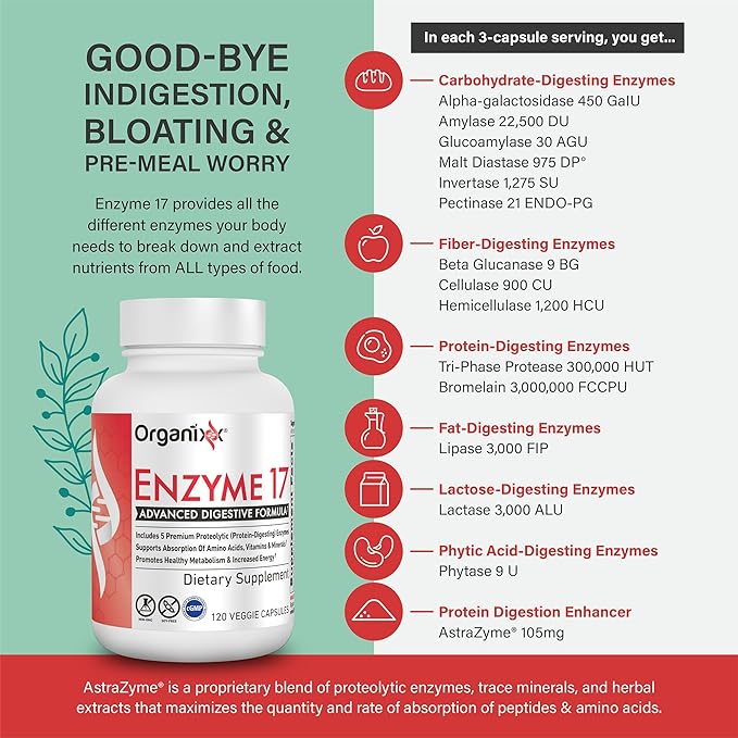 Organixx Enzyme 17 Essential Digestive Enzymes for Women &amp Men for Gut Health &amp Optimal Digestive Health Support for Bloating Gas Nutrient Absorption Vegan Non GMO 120 Veggie Capsules