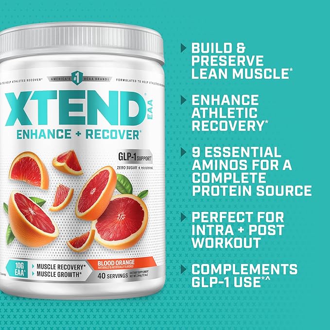 Xtend Scivation EAA + BCAA Powder | Muscle Recovery &amp Lean Muscle Growth | 9 Essential Amino Acids for Intra Workout or Post Workout Recovery | 10g EAAs Per 2 Servings | Blood Orange 40 Servings