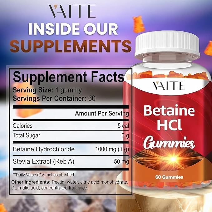 VAITE Betaine HCL Supplement 1000 mg Gummies – Digestive Support – Supports Digestion &amp Nutrient Breakdown – Non-GMO Vegan Gluten-Free – for Adults Seeking Daily Digestive Support – 60 Gummies