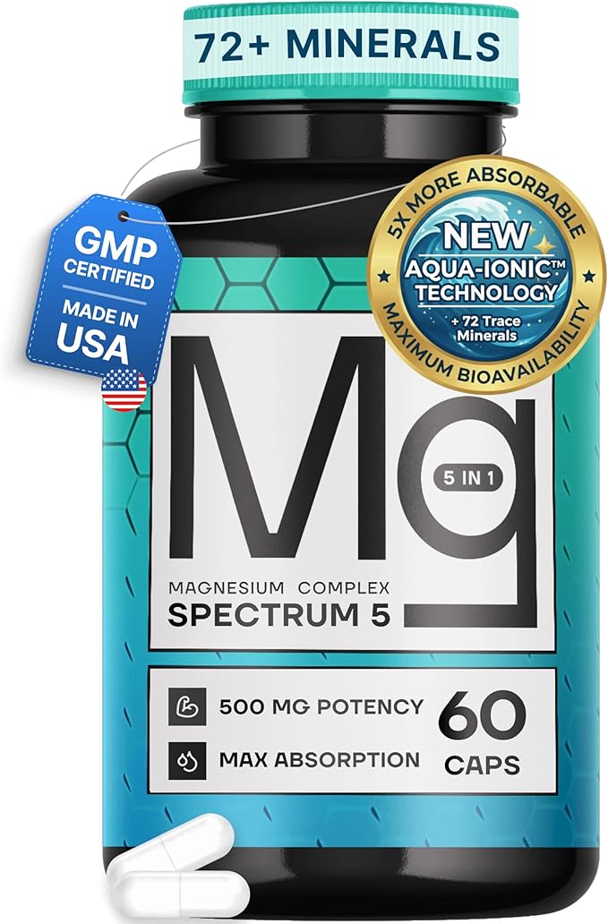 Spectrum 5 Magnesium Complex for Women &amp Men | Patented Aqua-Ionic® 5X Absorption Technology | 500mg Glycinate Citrate Malate + 72 Trace Minerals | Deep Sleep Leg Cramp Relief &amp Calm | Non-