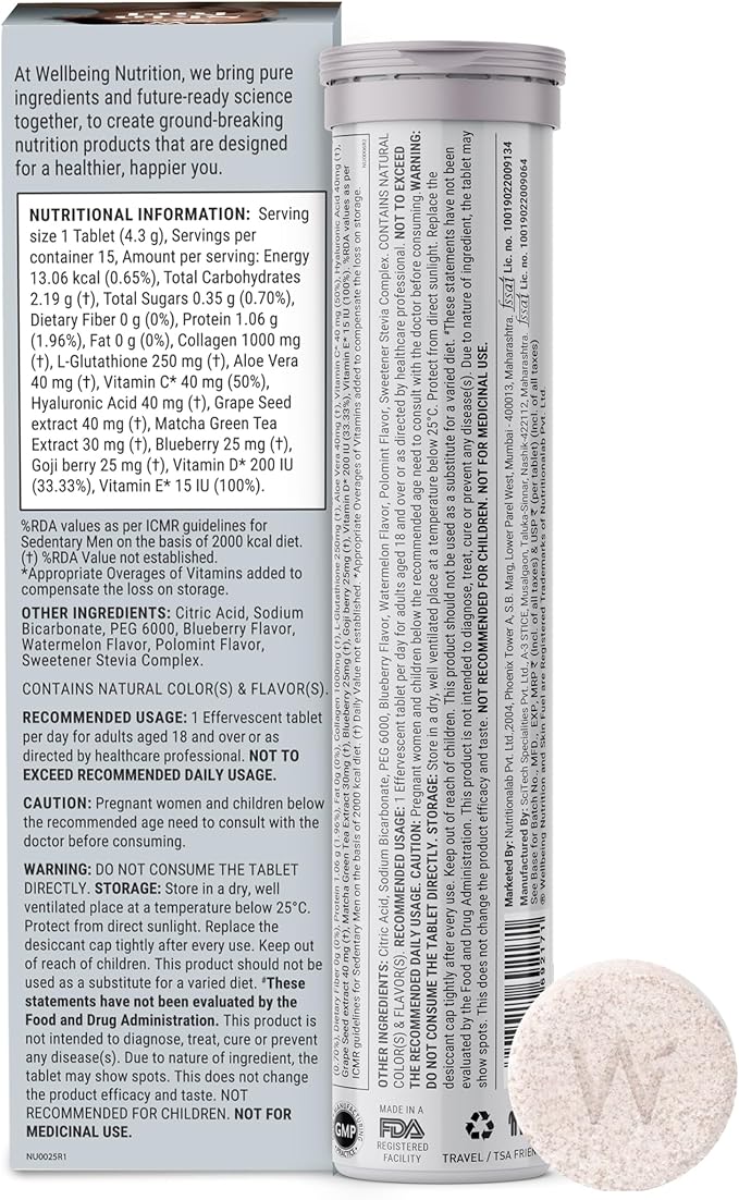 WELLBEING NUTRITION Skin Fuel with Collagen L-Glutathione Hyaluronic Acid Matcha Green Tea Aloe Vera Grape Seed Vitamin C E - 30 Effervescent Tablets
