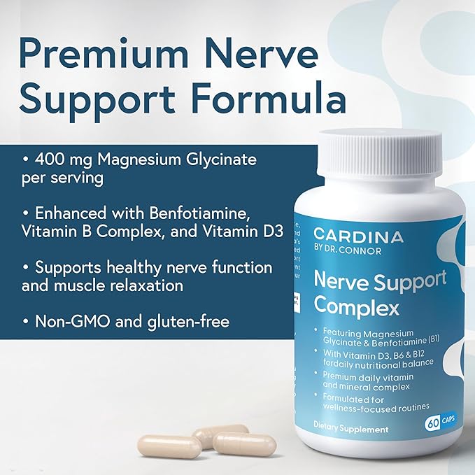 Magnesium Glycinate Supplements with Benfotiamine Vitamin B6 B12 D3-60 Capsules - Non-GMO Nerve Support Calf Leg Cramp Pills - Vegan Gluten Free Magnesium Supplement for Women and Men
