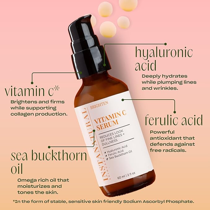 InstaNatural Vitamin C Face Serum with Hyaluronic Acid &amp Ferulic Acid | Brightening &amp Hydrating Formula for Radiant Smooth-Looking Skin - 2 FL Oz