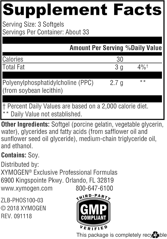XYMOGEN PhosphaLine - Polyenylphosphatidylcholine Supplement for Liver &amp Cardiovascular Health Support* - Phosphatidylcholine - Gluten-Free - 100 Softgels