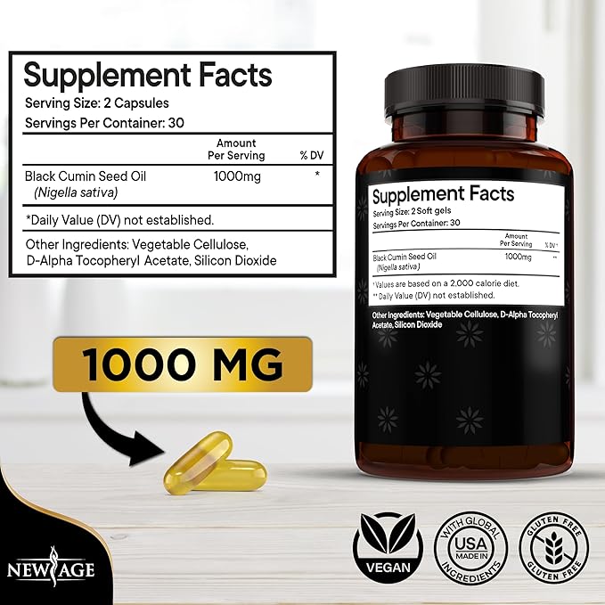 NEW AGE Black Seed Oil Softgel Capsules - Premium Cold-Pressed Nigella Sativa Producing Pure Black Cumin Seed Oil - Non-GMO &amp Vegetarian (120 Softgels)