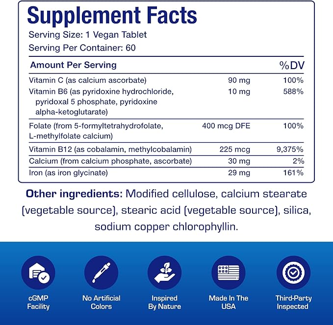 Slow Release Iron Supplement with Vitamin C - High Absorption Gentle Iron with Vitamin C for Women with Methyl B Complex for Maximum Benefits - Stomach Friendly Vegan &amp Made in The USA - 60 Servin