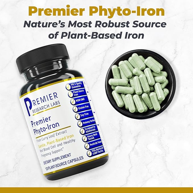 Premier Research Labs Phyto-Iron - Plant Based Iron for Men &amp Women for Blood Support Curry Leaves Supplement Iron Supplements Non-Heme Iron 18mg Iron Per Serving - 120 Vegetarian Capsules