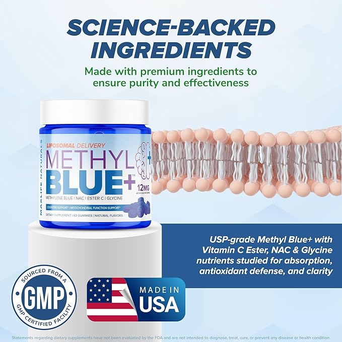 Pure Methylene Blue Pharmaceutical Grade Gummies - 60 Gummies 12mg Blue-Raspberry Flavor USA Made Liposomal Methylene Blue Chews with Vitamin C Ester &amp NAC Glycine for Brain Fuel &amp Mental Cl