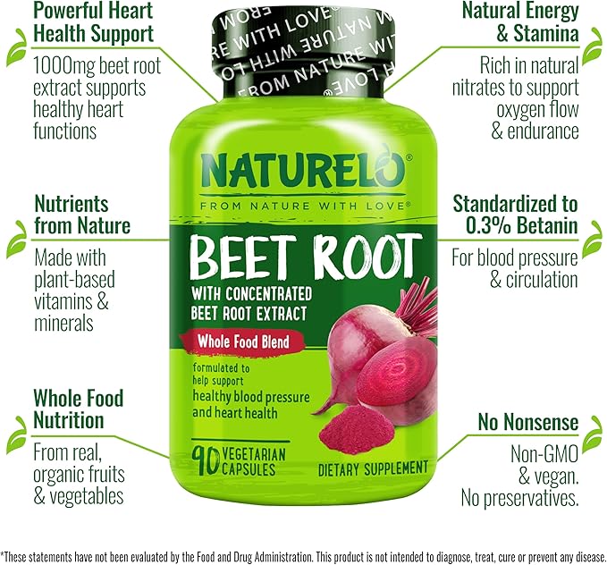 NATURELO Beet Root 90 Capsules – Heart Health &amp Blood Pressure Support* – 1000mg Beet Root Extract + Whole Food Blend – Non-GMO Vegan Gluten-Free