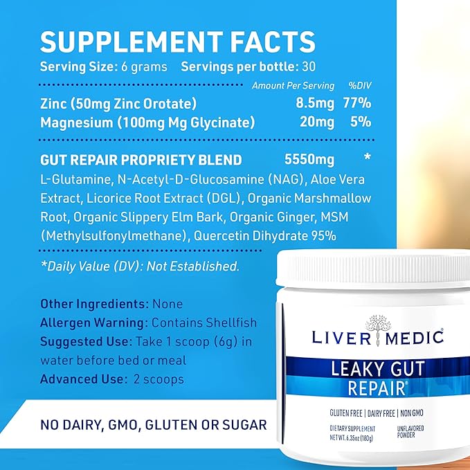Leaky Gut Repair Supplement - Glutamine Slippery Elm Quercetin Licorice Root. Supports IBS Heartburn Bloating Gas Constipation SIBO Energy Levels Skin Unflavored Powder 180g