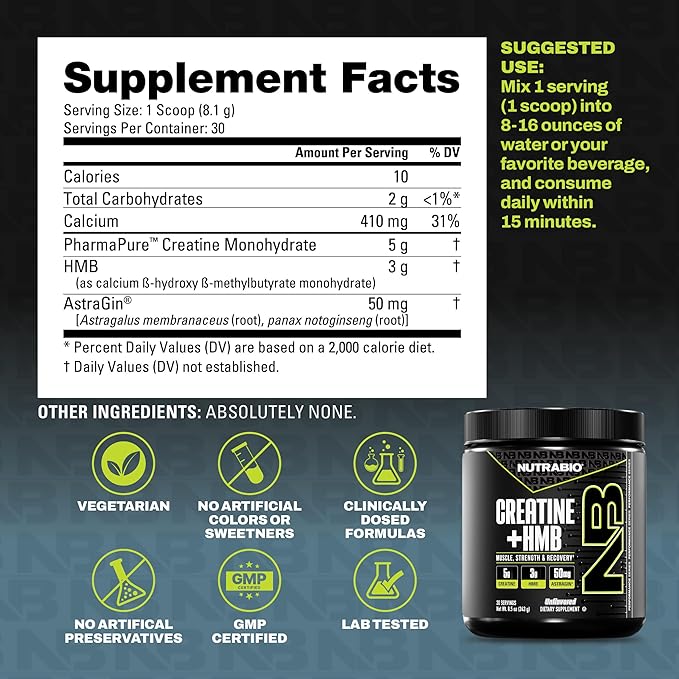 NutraBio Creatine + HMB- Creatine Monohydrate with HMB Powder for Muscle Growth Increased Strength- 30 Servings (Unflavored)