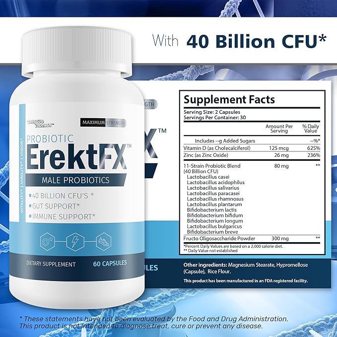 Probiotic ErektFx - Male Probiotics - Lift Your Gut Health to Support Your Overall Mind &amp Body - Over 40 Billion CFU’s of Probiotics Formulated for Men - Support Improved Overall Health