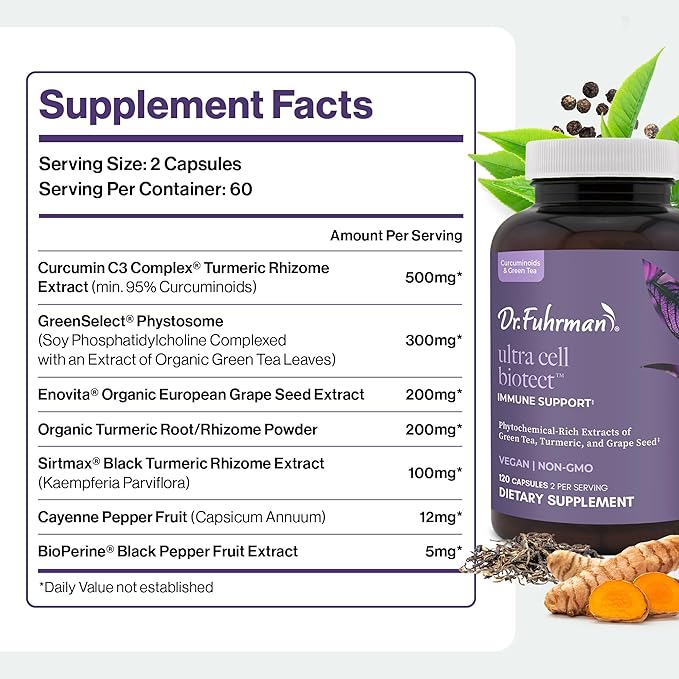 Ultra Cell Biotect- Powerful Antioxidant Support with Organic Turmeric Black Turmeric Green Tea Black Pepper and European Grape Seed for Optimal Health - 120 Capsules Physician Recommended