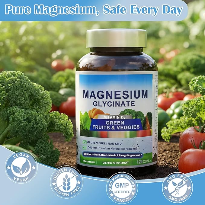 Magnesium Glycinate 500mg with Vitamin D3 &amp a Green Vegetables Mix | High Absorption Gentle on Stomach | Supports Muscle &amp Bone Function | 120 Vegan Capsules with Organic Rice Extract