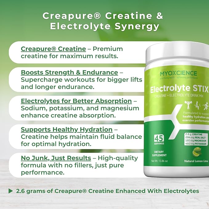 MYOXCIENCE Electrolyte STIX | Creatine Electrolyte Powder | Recovery from Exercise &amp Muscle Development w/Real Salt (Lemon Lime Flavor) (Jar 45 ct)