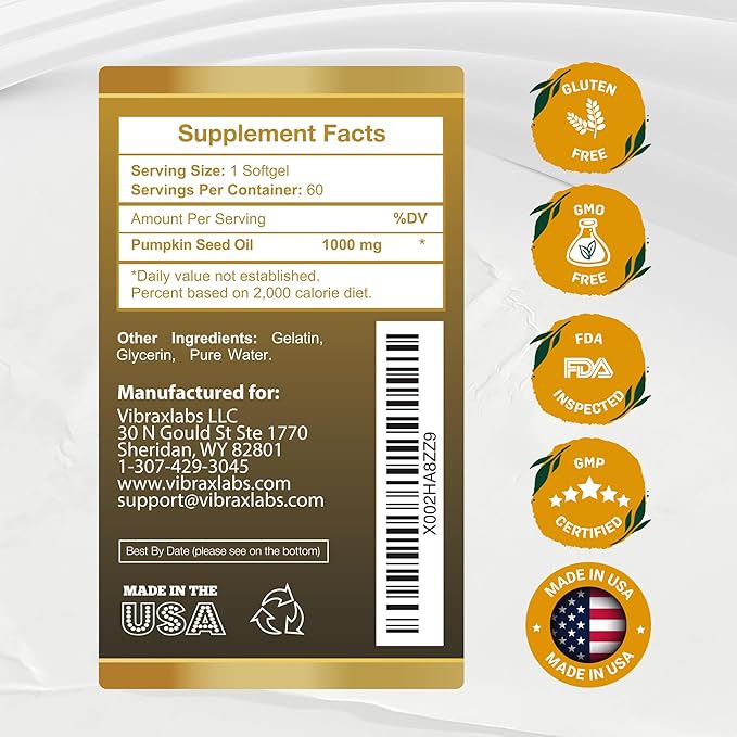 vibraxlabs Pumpkin Seed Oil - 100% Cold Pressed Pure 1000mg Extraction - Best for Hair Growth Younger Looking Skin &amp Face Bladder Control Supplement 60 Softgels