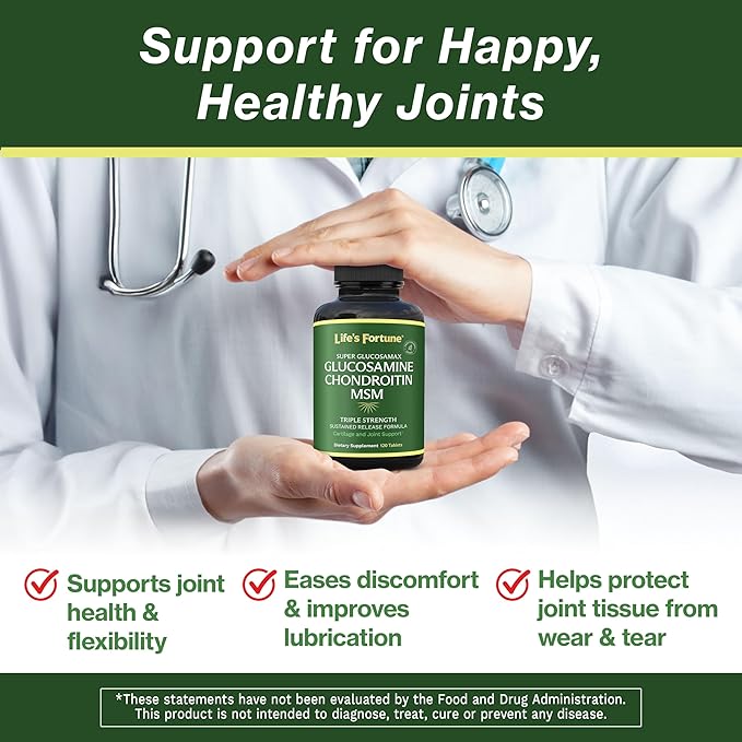 Life's Fortune Triple Strength Glucosamax - 1000mg Premium Glucosamine Chondroitin and MSM Supplement with Vitamin C for Joint Comfort &amp Mobility 120 Tab