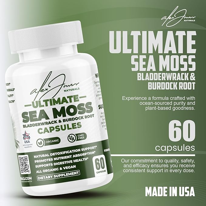 Alex Jones Ultimate Seamoss Capsules – Vegan Non-GMO Seaweed Supplement w/Bladderwrack &amp Burdock Root – Immune Boost Energy Support Sea Moss Supplements for Men &amp Women - 60 Nutrition Suppor
