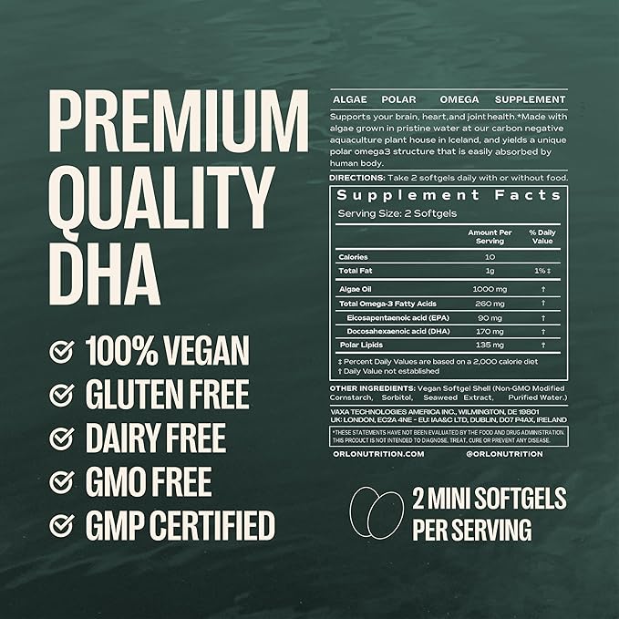 ORLO Prenatal DHA Supplement 1000mg - Mercury &amp Heavy Metals Free Algae Oil - Icelandic Nordic Omega-3 Mom &amp Baby Brain Development No Fishy Aftertaste 120 Vegan Easy-to-Swallow Mini Softge
