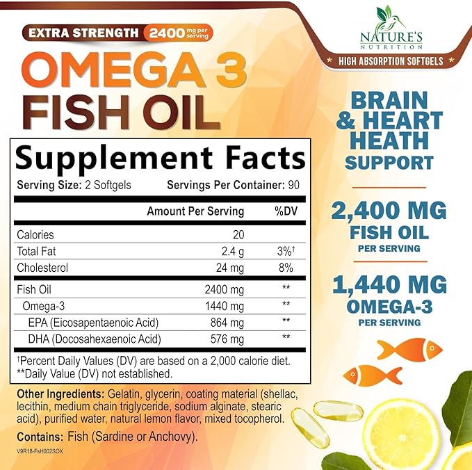 Omega 3 Fish Oil Supplements - 2400mg Fish Oil Per Serving - Triple Strength Omega-3 with EPA &amp DHA Fatty Acids - Natural Heart Brain &amp Immune Support - Wild Caught Bottled in USA - 180 Soft