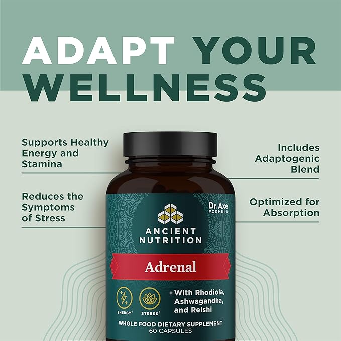 Ancient Nutrition Adrenal Support with Ashwagandha Supplement Helps Reduce Stress &amp Fatigue Paleo and Keto Friendly Gluten Free 1300mg 60 Capsules