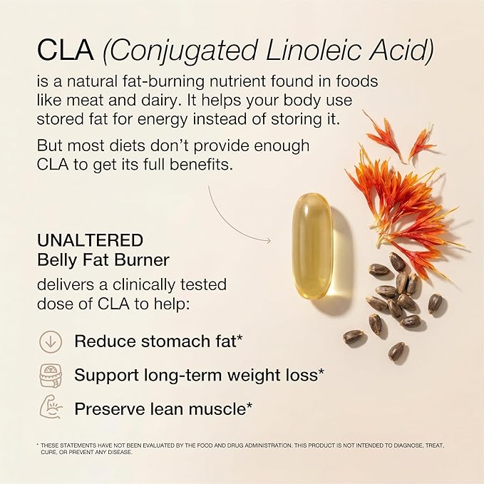 UNALTERED Belly Fat Burner for Men - Natural Weight Loss Pills to Support Reduced Body Fat Preservation of Lean Muscle Mass and a Healthy Metabolism - CLA Dietary Supplement - 90 Softgel Capsules