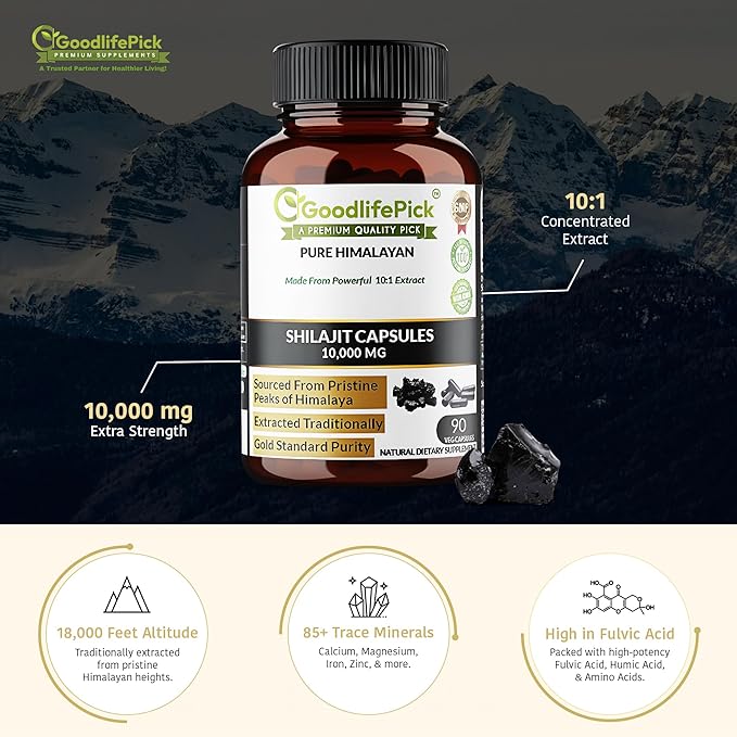 Pure Himalayan Shilajit Capsules.Maximum Strength Natural Shilajit Rich in Trace Mineral &amp Fulvic Acid.High Altitude Sourcing. Vegan NonGMO 90ct. Extracted Traditionally No Stearate No Rice Flour