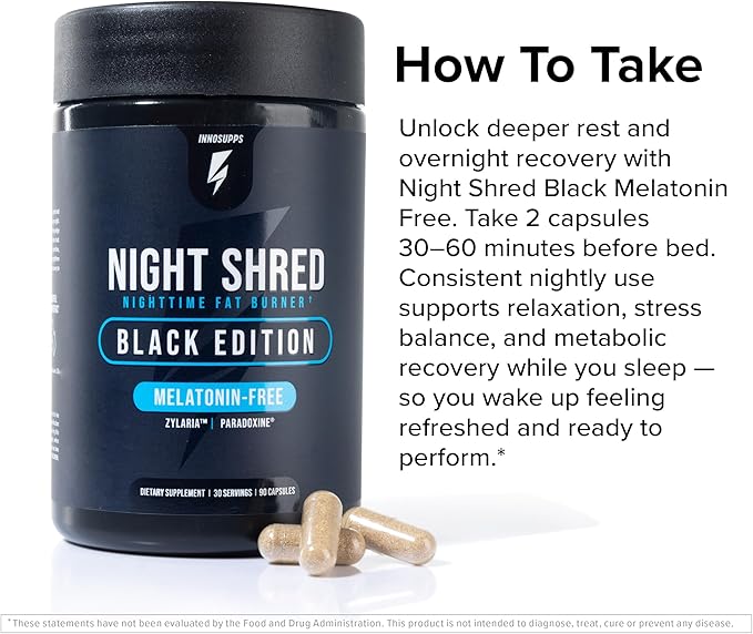 Night Shred Black Melatonin-Free Nighttime Fat Burner and Sleep Support Supplement - GABA Complex with Ashwagandha CLA Grains of Paradise and Zylaria - Thermogenic Fat Burner - 90 Vegan Capsules