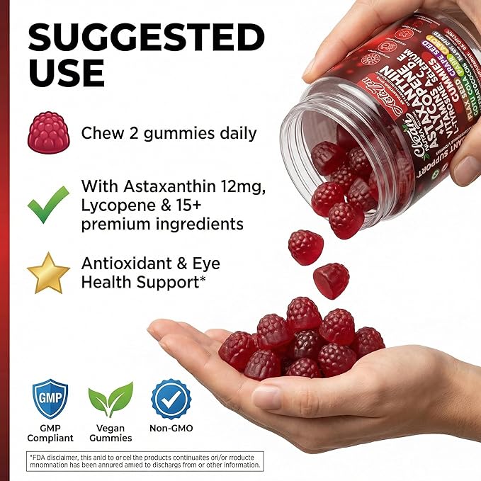 Clean Nutraceuticals AstaZen Astaxanthin Gummies 12mg - with Lycopene Vitamins A C D E L-Tyrosine &amp Selenium - Antioxidant Support Gummies - 60 Count