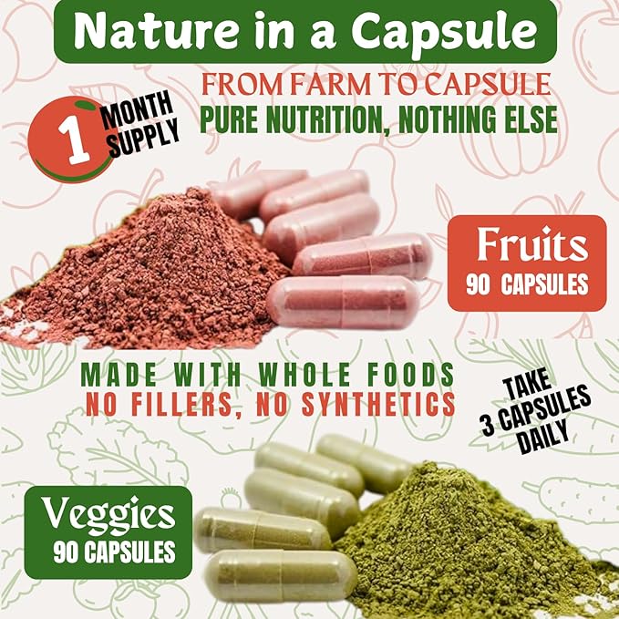 Fruit and Veggies Supplement Vitamins for Men and Women Super Fruits and Veggies Capsules to Support Balanced Nutrition and Energy Levels Whole Natural Super Foods 180 Count (Pack of 4)