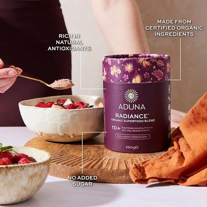 Aduna Organic Radiance Superfood Blend | 100% Natural Stir-in Blend With 10+ Superfoods for Skin Glow Collagen Support &amp Hormone Balance | Vegan Powder for Yogurt Juices &amp Smoothies | 250g